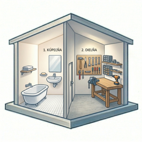 Kúpeľňa, dielňa a exteriér